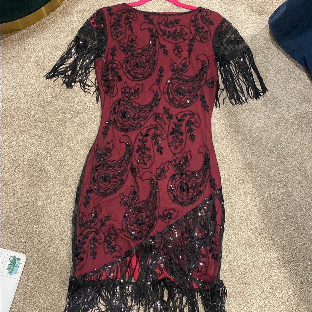 BABEYOND Black and Red Fringe Sequin Flapper Dress 1920s Roaring Twenties